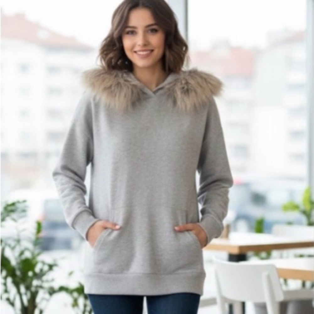 GAP  grey hoodie sweatshirt w/removable  faux fur trim size extra large